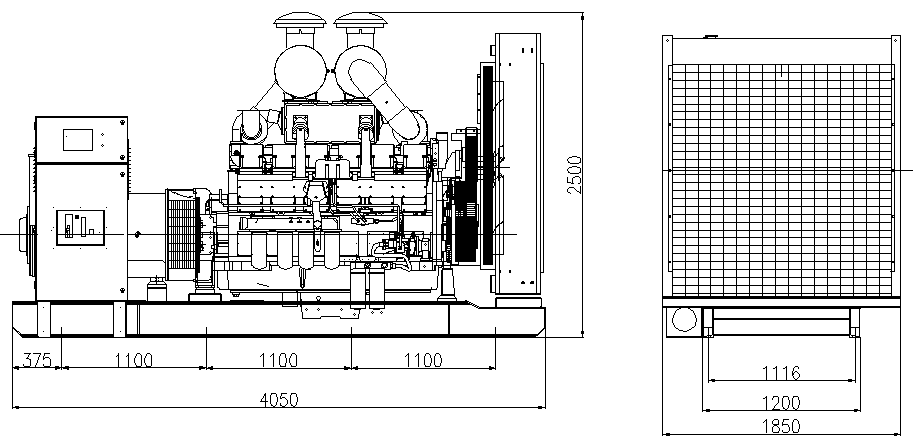 Dimension génératrice diesel de type ouverte 750 KVA
